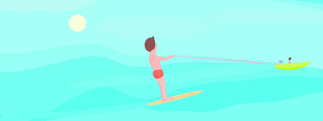 Hello summer holiday vacation concept with sea and windsurfing, water sport, beautiful blue sea with sunshine, abstract background texture, nature wallpaper, scene vector illustration Art design