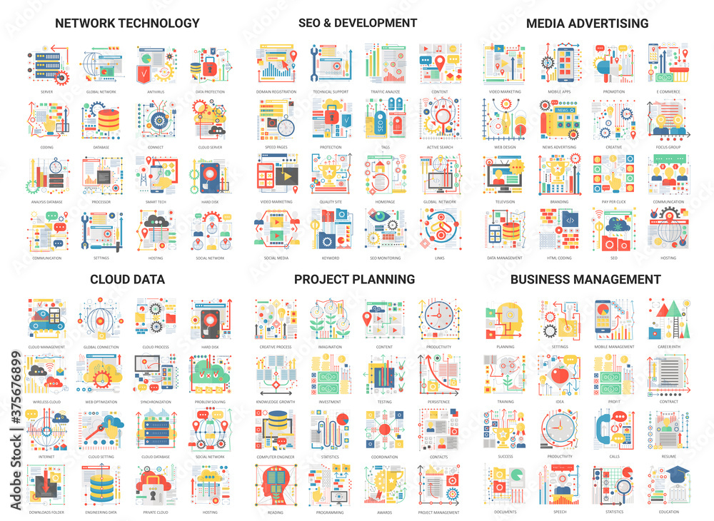 Poster complex concept flat abstract vector icons set with science network technology for seo or social med
