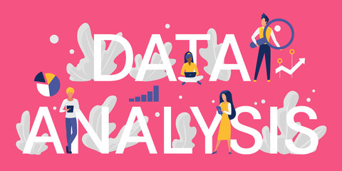Data analysis word concept vector illustration. Cartoon flat tiny business analyst or customer characters working with laptop and tablet, analyzing database information, standing next to big letters