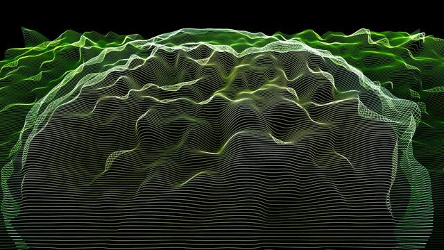 Modern design elements. Green abstract waves landscape rendering, 3D modulation. Modern geometric background with moving digital lines. Colorful futuristic animation. Creative graphic texture for busi