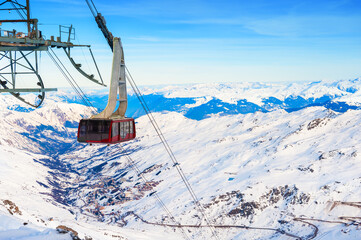 Cable car’s cabin on ski resort in winter Alps. Val Thorens, 3 Valleys, France. Beautiful...