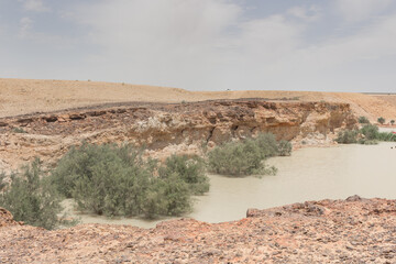 lake in Desert of  Big crater in Israel.