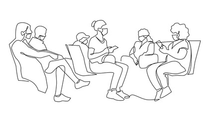 Continuous one Line Drawing of Sick passengers in medical protection masks waiting at airport terminal. People wearing mask to prevent infection. Passengers in the departure area vector illustration.