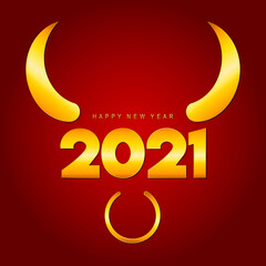 Happy new year card 2021 with golden bull horns and ring on a red background. Vector illustration