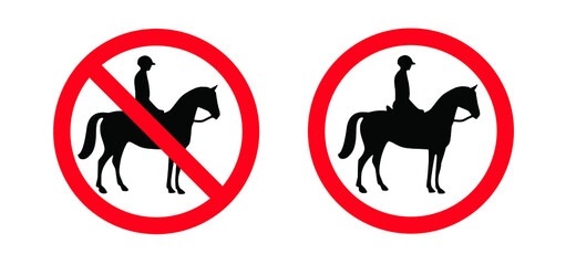 Warning zone, no horse riding. Forbidden sign symbol for situations where horse riding is not allowed. No traffic horses and rider area signs. Anti fox hunting concept. Stop halt allowed, no ban.  