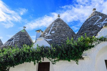 Conical roofs of trulli in Alberobello.. Each trullo is decorated with pinnacle and symbol ....