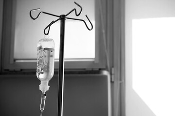 Drip bag with electrolites on a stand at hospital