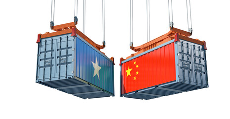 Freight containers with Somalia and China flag. 3D Rendering 