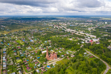 Panorama of the city of Vichuga with the Church of the Resurrection of Christ on a summer day, Ivanovo region, Russia.