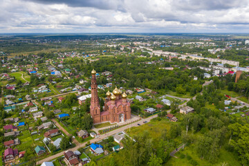 Fototapeta premium Panorama of the city of Vichuga with the Church of the Resurrection of Christ on a summer day, Ivanovo region, Russia.