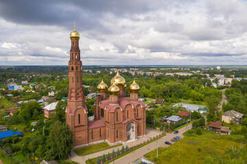Panorama of the city of Vichuga with the Church of the Resurrection of Christ on a summer day, Ivanovo region, Russia.