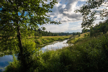 Small river Sunzha on a summer sunny day, Ivanovo region, Russia.