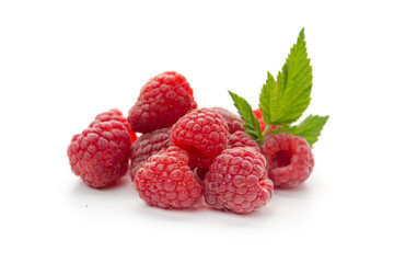  raspberries with leaf isolated on a white background
