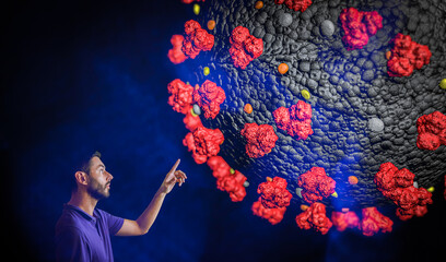 View Of bearded Caucasian Man overcome by a huge virus or studying it. 3D Coronavirus