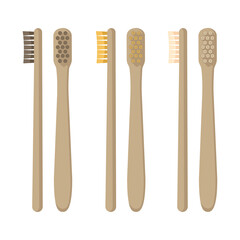 Set of eco-friendly bamboo toothbrushes  isolated on white background. Natural organic bathroom beauty product. Zero waste and eco living, plastic free concept. Vector flat illustration.