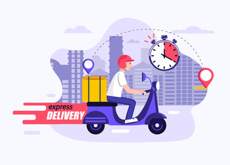 Fototapeta na wymiar Express and free delivery in time by scooter,concept.Fast food and other shipping service for websites and apps.Vector illustration of quick and express deliver.Advertise for restaurants,caffees,shops
