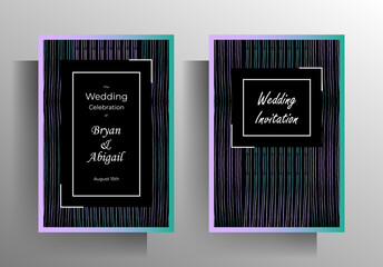 Wedding invitation design template set.Bright striped texture on black background. Vector 10 eps.