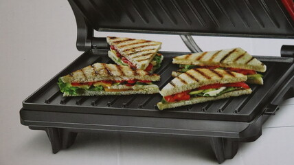 Slices of grilled sandwich placed in the electric grill.
