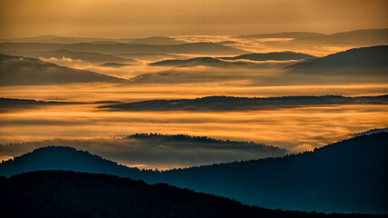 Fototapeta na wymiar Sunrise over the mountain forest. Bieszczady National Park. Carpathian Mountains. Poland.
