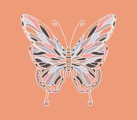 Fototapeta na wymiar Illustration vector butterfly with patterns on the wings for design of clothes, t-shirts, phone cases. Patterned decorative insect with fine details. Graceful butterfly with wings Isolated. Hand drawn