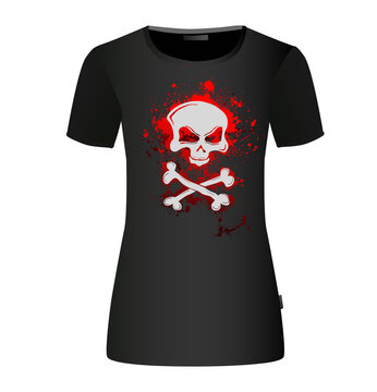 Skull red with bones. Bloody stains. T-shirt print. Vector illustration