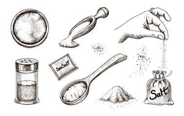 Collection of hand drawn sea salt. Salting crystals. Glass bottles and salt shaker and packaging sketch vector set - 375686237