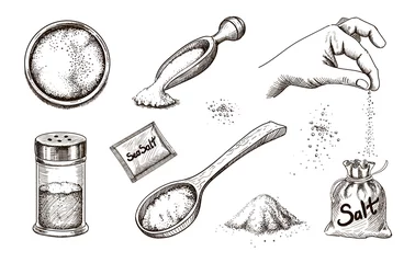 Poster Collectie van hand getrokken zeezout. Zoutende kristallen. Glazen flessen en zoutvaatje en verpakking schets vector set © lightgirl