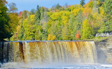 Gorgeous color waterfalls in the Michigan Tahquamenon State Park. The upper falls nicknamed, "The Root Beer Falls" . Autumn scene