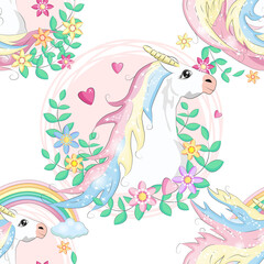 Obraz premium pattern with cute unicorns, clouds,rainbow and stars. Magic background with little unicorns