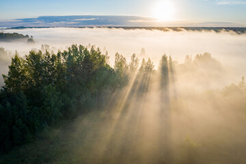 Early morning landscape over the river. Rays of the sun breaking through the fog in over the trees