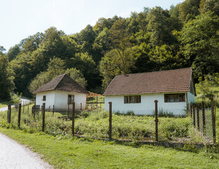 Obraz premium Old typical traditional house with a beautiful forest and mountain views