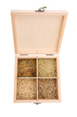 Wooden gift box with assorted tea on white background. Top view.