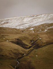 Snow topped mountain with stream in North Yorkshire during winter