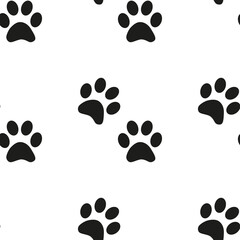 Black and white seamless pattern with paw prints. Abstract background, animal footprint, illustration.