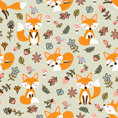 Cute seamless pattern with foxes in the autumn forest. Vector illustration.
