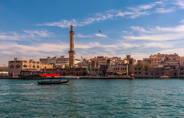 A view of the restored old Dubai next to the Dubai Creek in the UAE in springtime