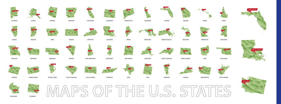 Green Gradient Low Poly US States Maps with the State’s Capital Sign. Big Collection of US States Maps Sorted by Alphabetically.
