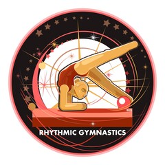 Rhythmic gymnastics. Girl with a ball. Vector illustration isolated on a white background. Performing at an international competition. Emblem or logo. Label.