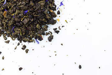 green tea leaves on white background