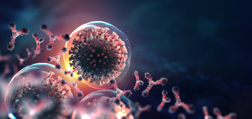 Virus under microscope. Antibodies and viral infection. Immune defense of body. Attack on antigens 3D illustration