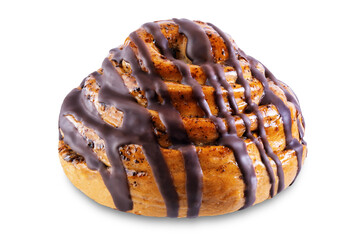 Roll bun with chocolate glaze on a white isolated background