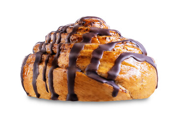 Roll bun with chocolate glaze on a white isolated background
