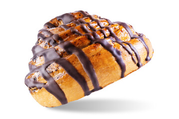 Roll bun with chocolate glaze on a white isolated background