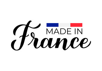 Made in France calligraphy hand lettered label. Vector template for logo design, tags, badges, stickers, emblem, product packaging, etc