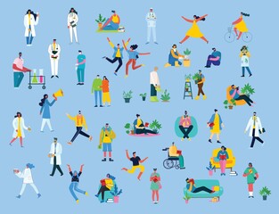 Fototapeta na wymiar Vector illustration background in flat design of group people doing different activity