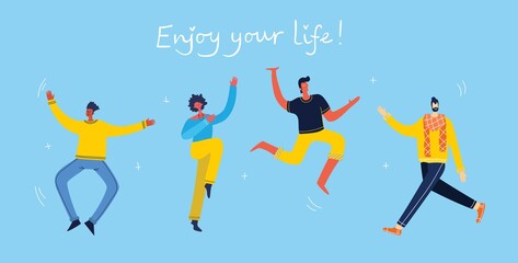 Enjoy your life. Concept of young people jumping on blue background and enjoing life in the flat design