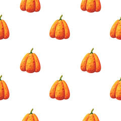 Orange pumpkin. Simple print with watercolor illustrations of vegetables on a white background. Seamless pattern with autumn crop for fabric, textile, paper. Stock image.