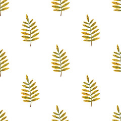 Towering mountain ash leaves. Simple print with watercolor plant illustrations on a white background. Seamless pattern with autumn fallen leaves for fabric, textiles, paper. Stock image.