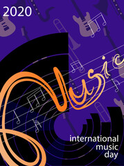 The inscription "international day of music" on the background of a guitar saxophone and a vinyl record on a bright trending blue background. Perfect for banners, postcards, and invitations. EPS10
