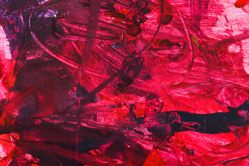 Abstract gouache texture of red and black. Closeup of paint strokes on a white paper.